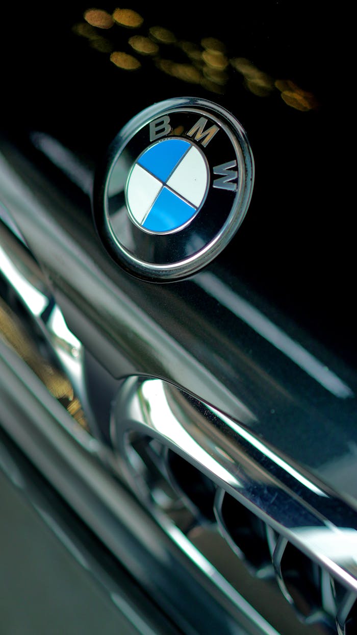 Detailed shot of a BMW emblem on a car grille, highlighting brand identity.
